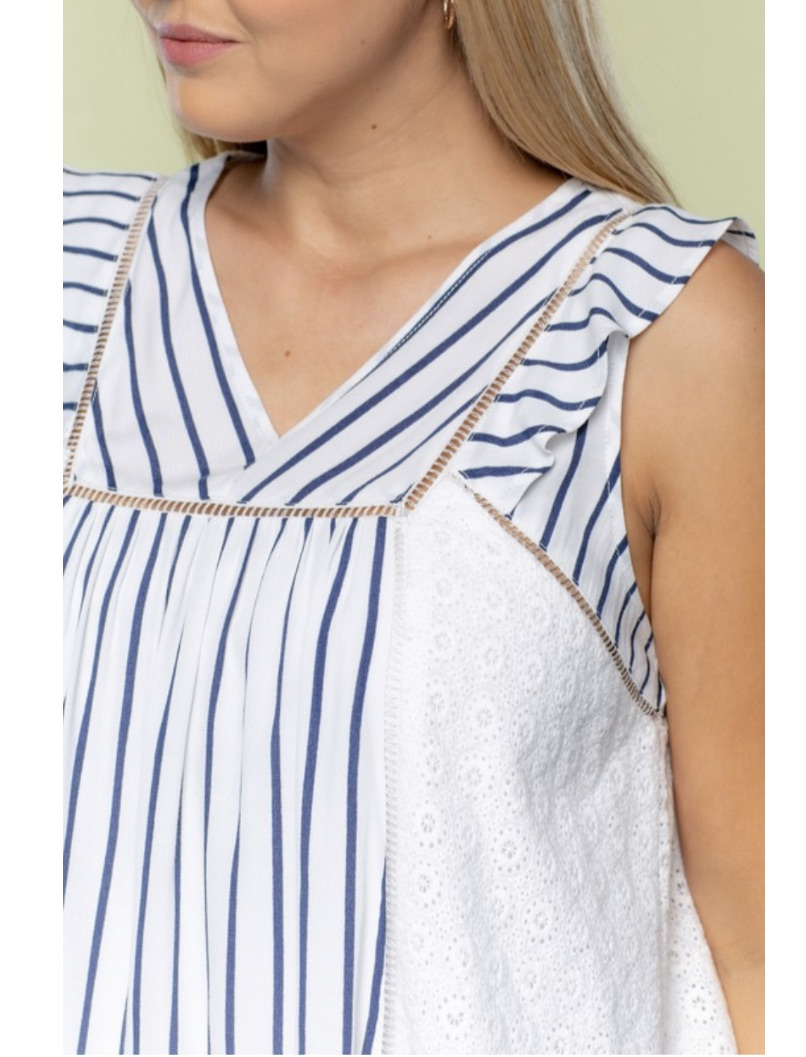 Stripe and Embroidery Ruffle Sleeves Top