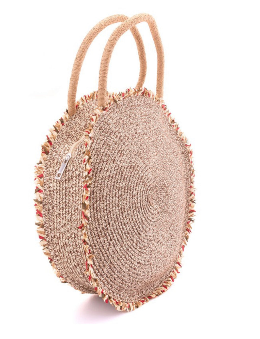 Raffia Trim Straw Round Shoulder Bag